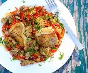 Chicken Scarpariello (Shoemaker-style) Chicken with Sausage & Hot Cherry Peppers