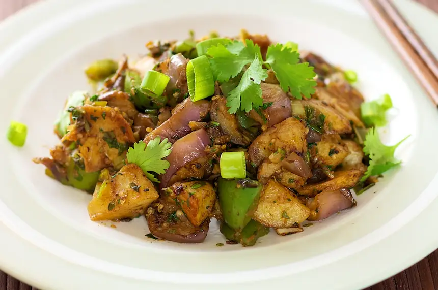 Eggplant, Crispy Potato, & Bell Pepper Stir-Fry