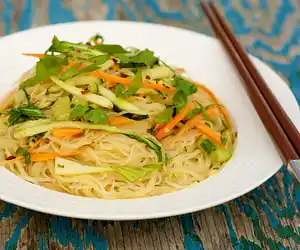 Spicy Peanut Butter Noodle Salad with Cucumber & Bok Choy