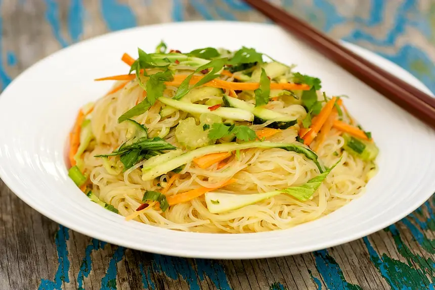 Spicy Peanut Butter Noodle Salad with Cucumber & Bok Choy