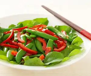 Sugar Snap Pea, Red Pepper & Arugula Salad with Soy-Sesame Dressing