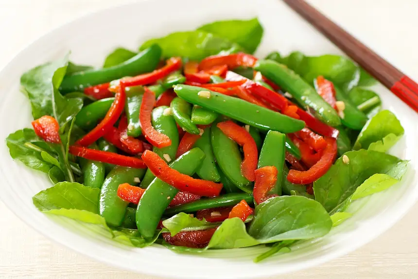 Sugar Snap Pea, Red Pepper & Arugula Salad with Soy-Sesame Dressing