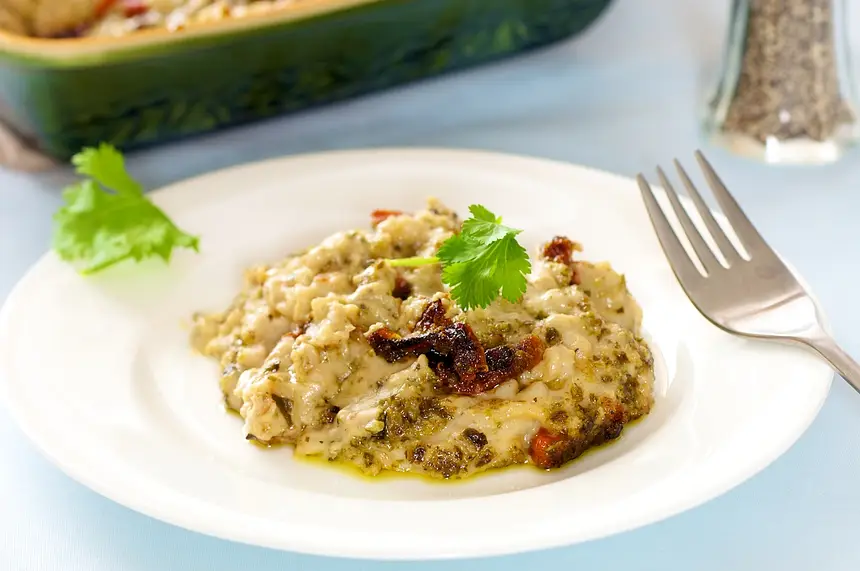 Vegetarian Barley Casserole with Sun Dried Tomato & Basil Pesto