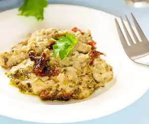 Vegetarian Barley Casserole with Sun Dried Tomato & Basil Pesto