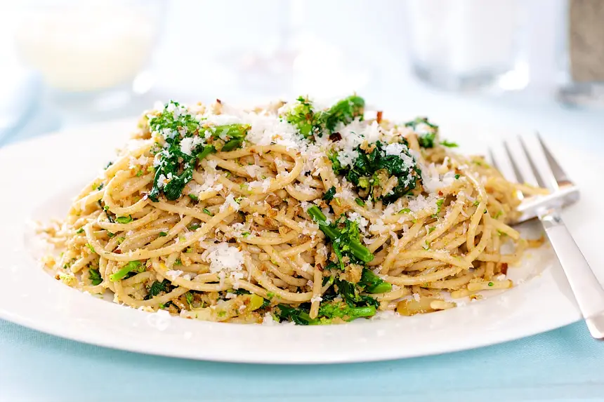 Pasta with Rapini, Toasted Garlic, Bread Crumbs & Parmesan
