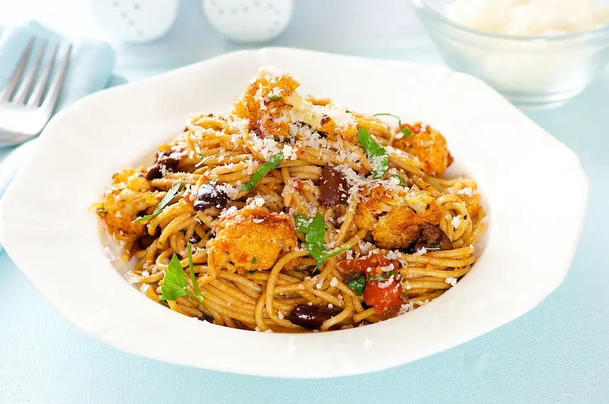 Mediterranean Roasted Cauliflower, Tomato Sauce & Olives with Pasta