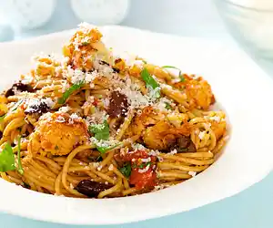 Mediterranean Roasted Cauliflower, Tomato Sauce & Olives with Pasta