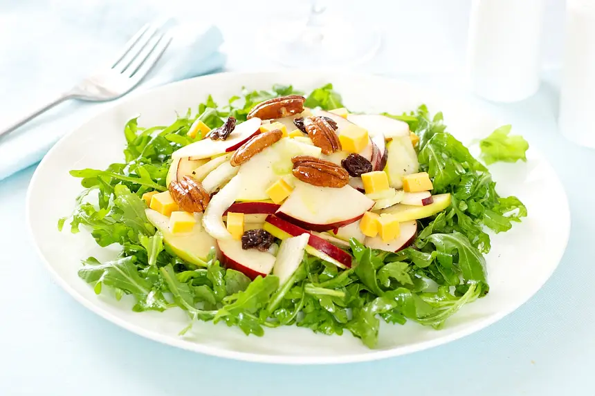 Arugula, Apple & Cheddar Salad with Maple Candied Pecans