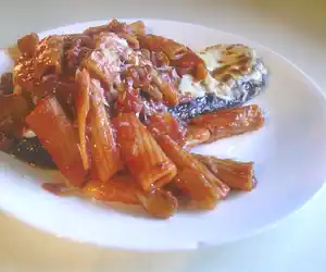 Rigatoni Pasta Over Eggplant Parmesan