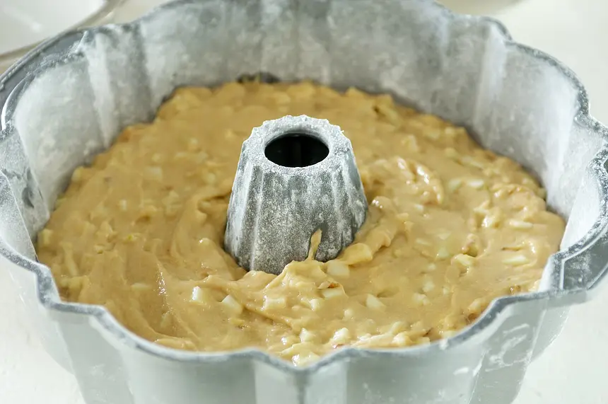 Pour batter into the greased and floured bundt pan.