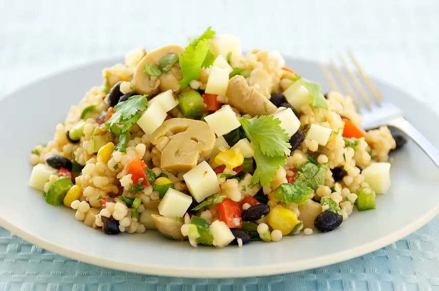 Marinated Mushroom, Black Bean Couscous Salad with Cheddar
