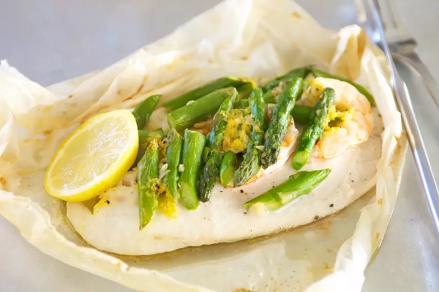 Tilapia En Papillote with Asparagus & Shrimp
