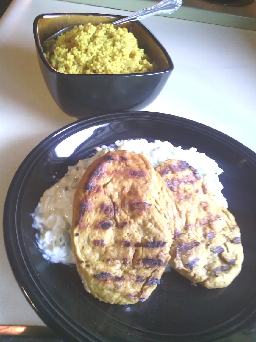 Grilled Vegan Chicken Steaks With Curried Couscous & Zucchini Raita