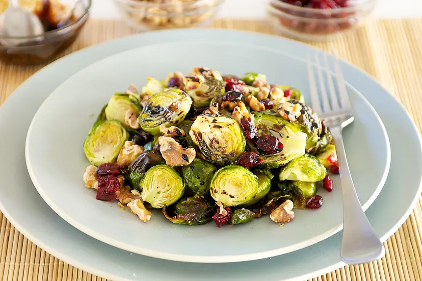 Roasted Brussels Sprouts with Walnuts, Cranberries & Balsamic Glaze