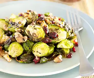Roasted Brussels Sprouts with Walnuts, Cranberries & Balsamic Glaze