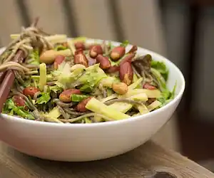 Asian Sesame Soba Noodles with Cucumber, Bok Choy, & Mixed Greens