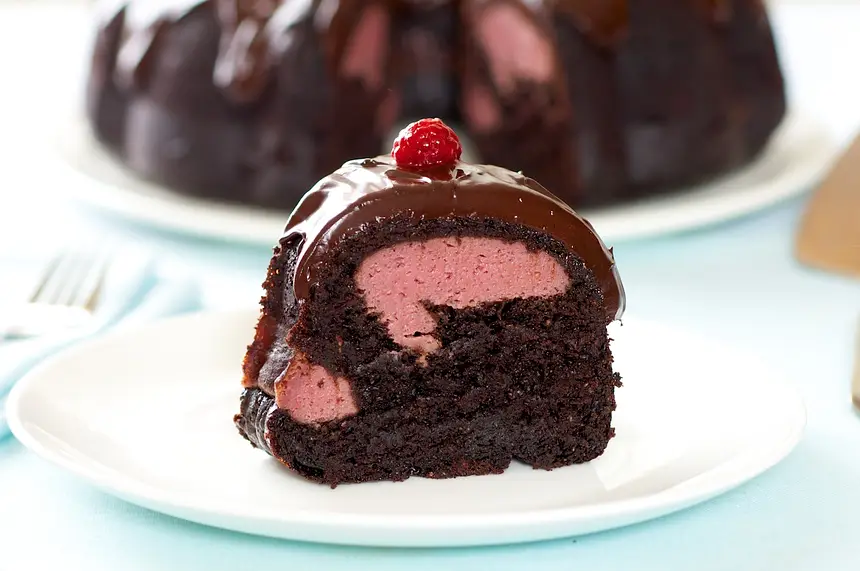 Chocolate Fudge Bundt Cake with Raspberry-Cream Cheese Filling & Chocolate Ganache