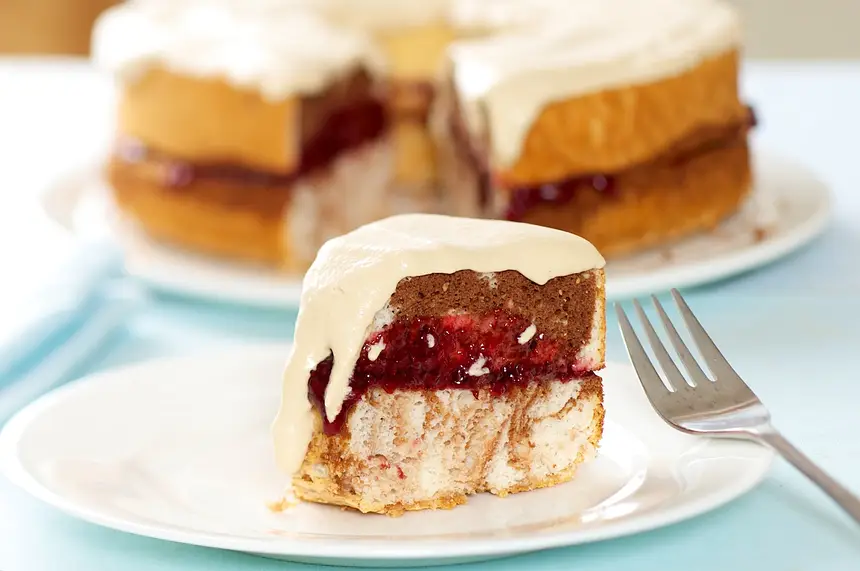 Chocolate Marbled Angel Food Cake with Coffee Cream & Raspberry Jam
