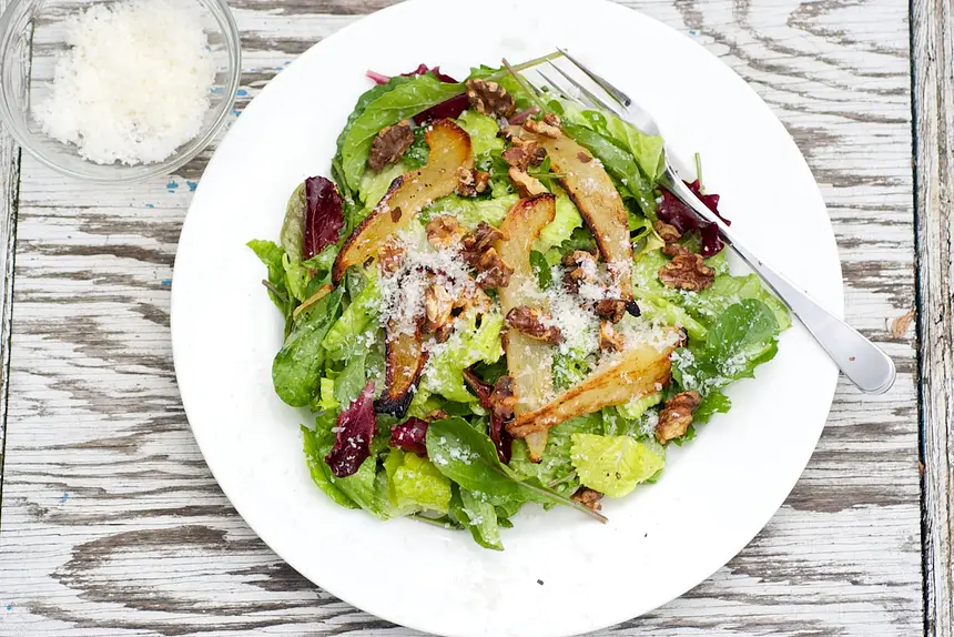 Roasted Pear, Walnuts & Parmesan Salad