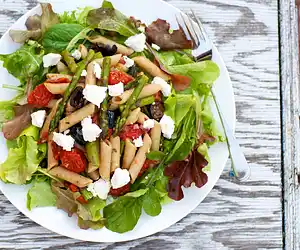 Roasted Asparagus, Cherry Tomatoes with Arugula, Penne & Goat Cheese Salad