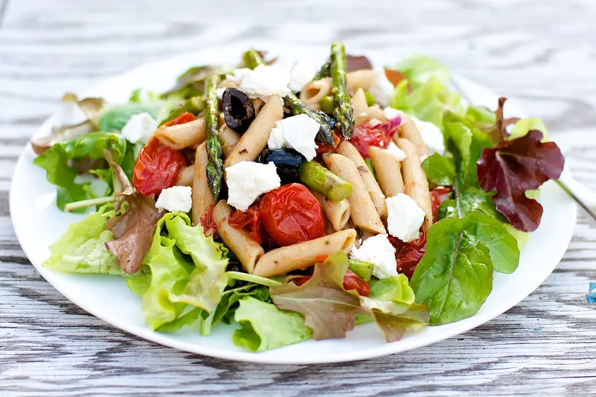 Roasted Asparagus, Cherry Tomatoes with Arugula, Penne & Goat Cheese Salad 