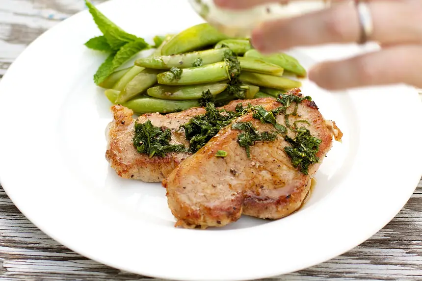 Pork Chops & Sugar Snap Peas with Mint Julep Glaze