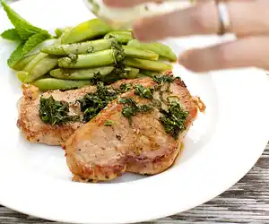 Pork Chops & Sugar Snap Peas with Mint Julep Glaze