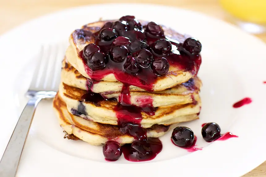 Whole Wheat Blueberry Yogurt Pancakes with Blueberry Sauce