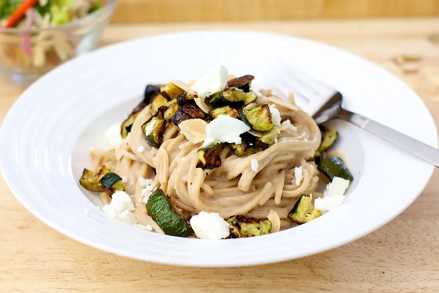 Creamy Pasta With Roasted Zucchini, Almond & Basil