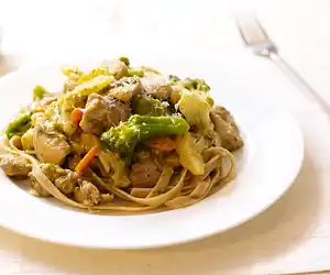 Chicken Pesto Vegetable Stir-Fry with Fettuccine