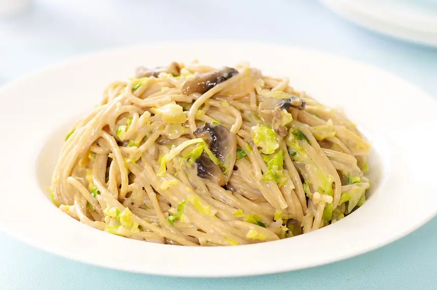 Creamy Fettuccine with Brussels Sprouts & Mushrooms