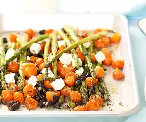 Roasted Asparagus with Cherry Tomatoes, Olives & Feta