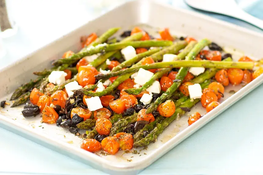 Roasted Asparagus with Cherry Tomatoes, Olives & Feta 