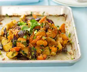 Garlic, Ginger & Soy Roasted Potato, Sweet Potato & Red Onion