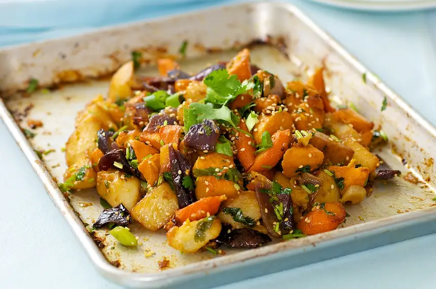 Garlic, Ginger & Soy Roasted Potato, Sweet Potato & Red Onion