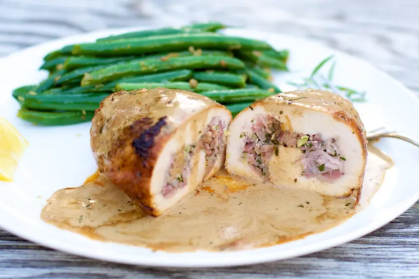 Chicken Breasts Stuffed with Garlic, Ginger, Ham & Tarragon