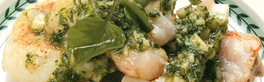 Pan-Fried Monkfish with Bunya Nut Hash, Rocket & Madamia Nut Pesto