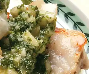 Pan-Fried Monkfish with Bunya Nut Hash, Rocket & Madamia Nut Pesto