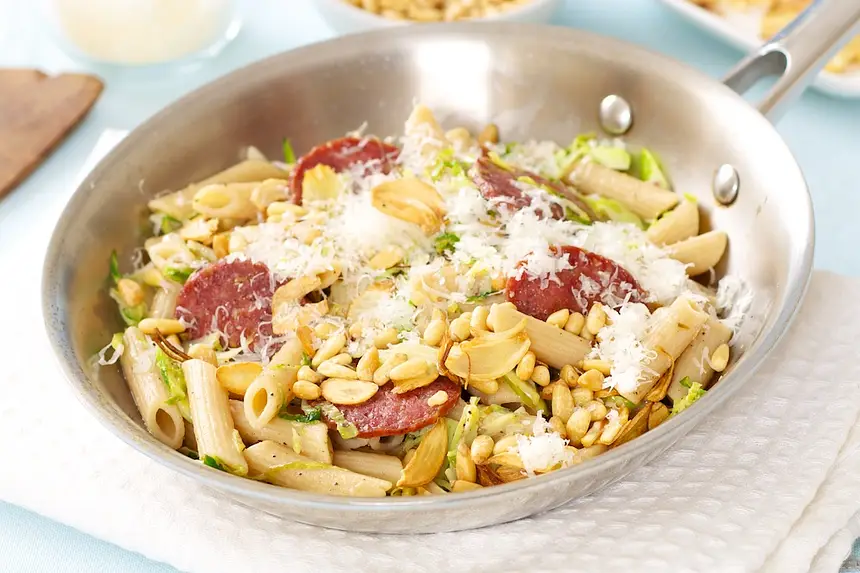 Brussels Sprouts & Salami Pasta with Pine Nuts