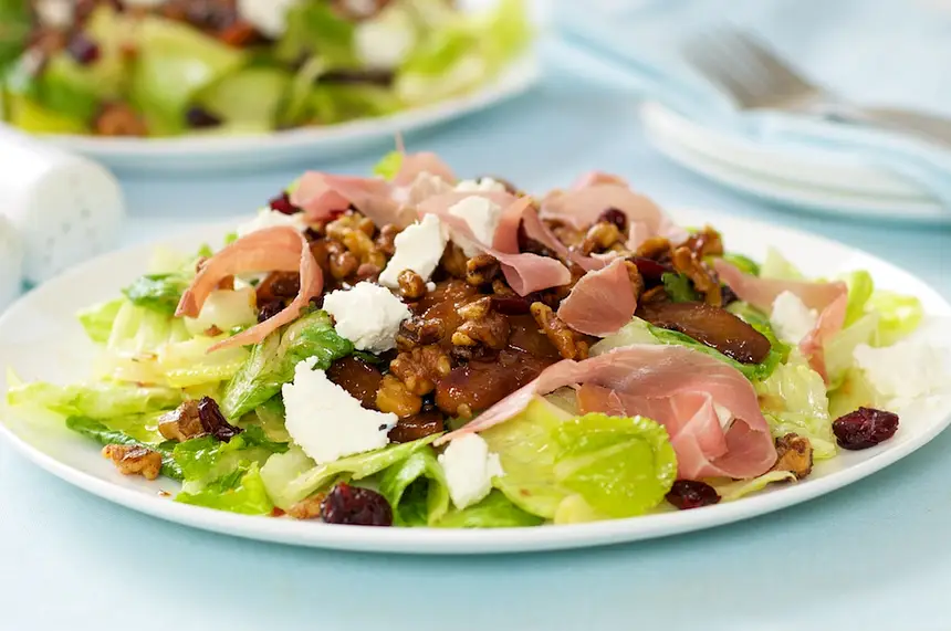 Caramelized Pears, Maple Walnuts Salad with Prosciutto & Goat Cheese