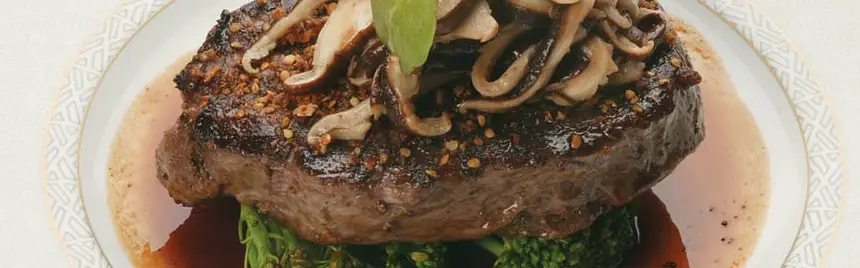 Ribeye Steak with Broccolini, Shitake Mushrooms & Wattleseed Jus