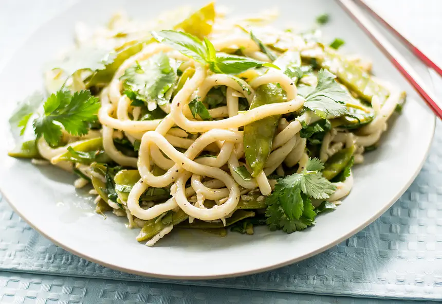 Lemon-Pepper Glazed Udon Noodles with Snow Peas & Coconut