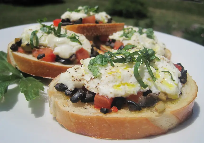 Tomato, Olive & Ricotta Crostini