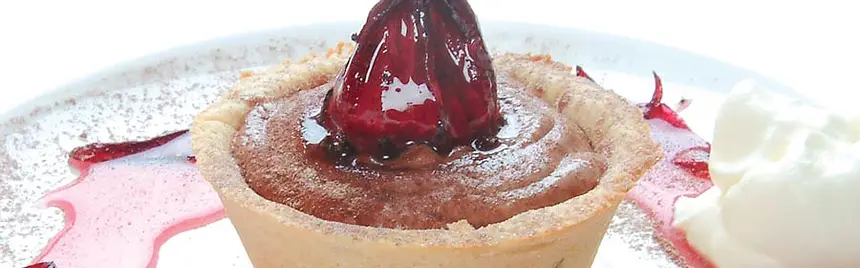 Chocolate Mousse Tart with Gumleaf Cream & Wild Rosella Confit