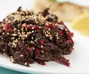 Braised Beet Greens with Vinegar & Sesame Seeds