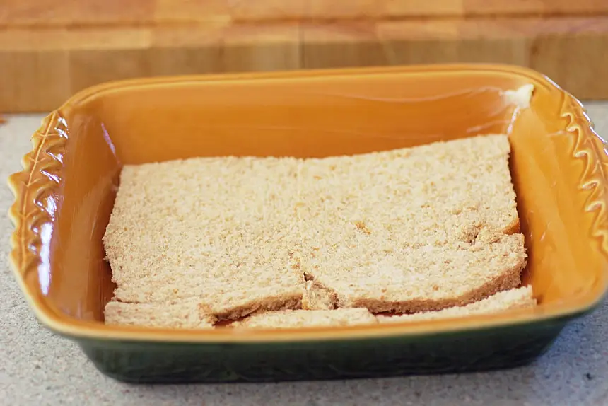 Bread lined casserole dish