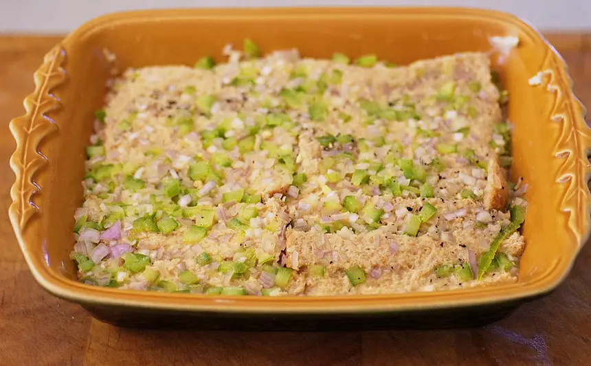 Breakfast casserole soaked with egg mixture