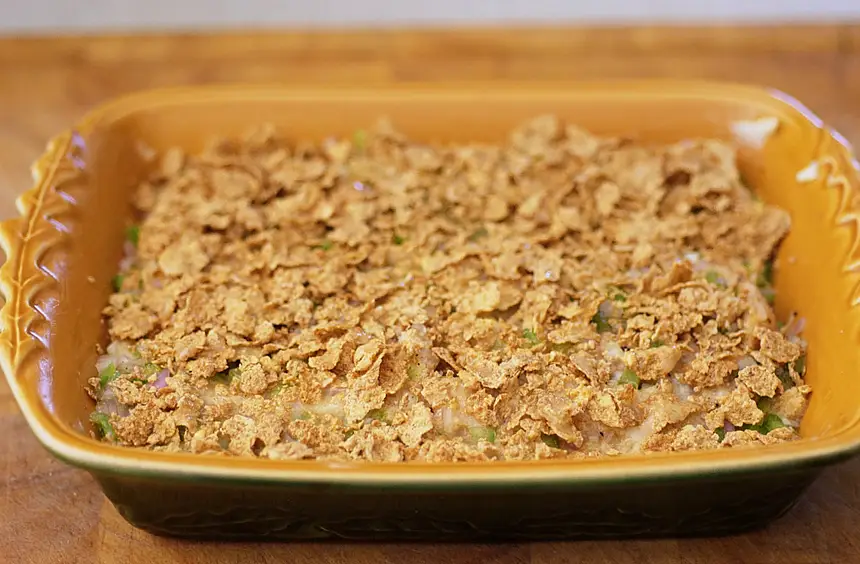 Christmas breakfast casserole ready for the oven