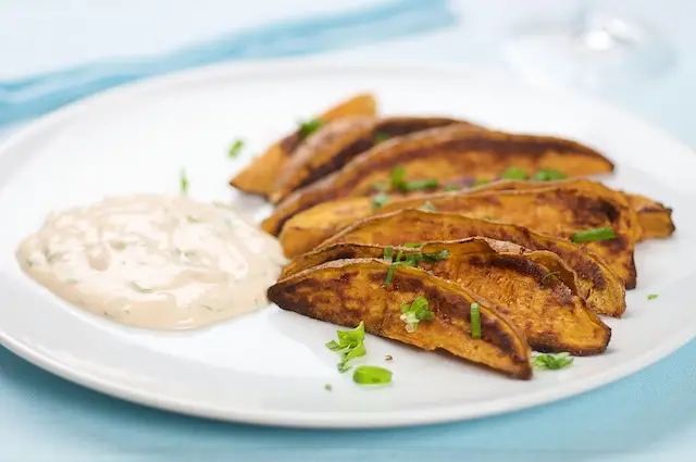 Roasted Sweet Potato Wedges with Smoked Chipotle Cream