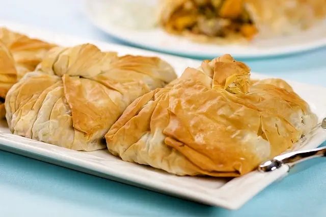 Phyllo Purses with Roasted Squash, Peppers, & Artichokes